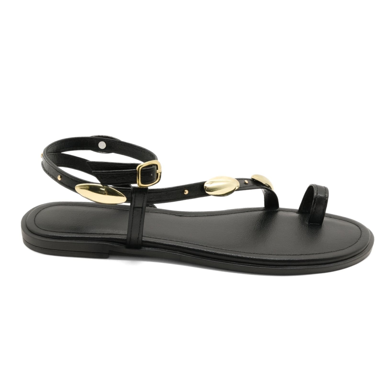 Rasteira Feminina Baixa Tiras Delicadas Detalhes Dourados Flor da Pele 309 Preta