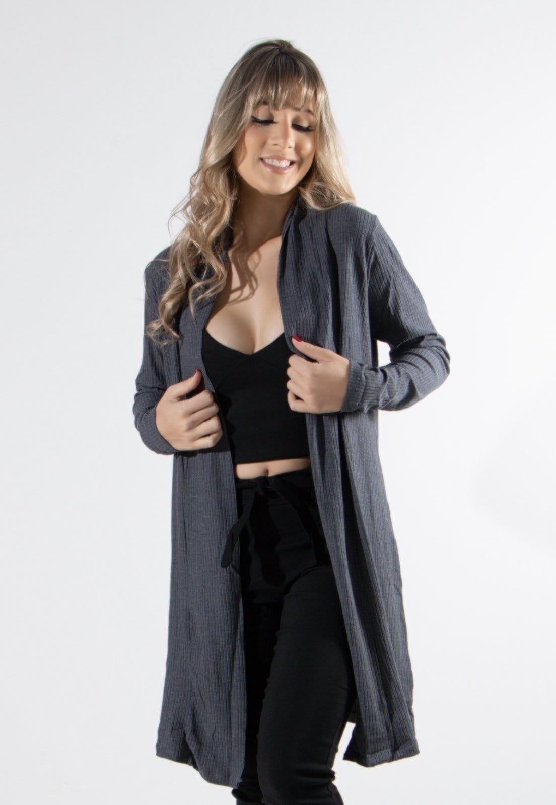 Cardigan Kimono Vekyo Canelado Chumbo