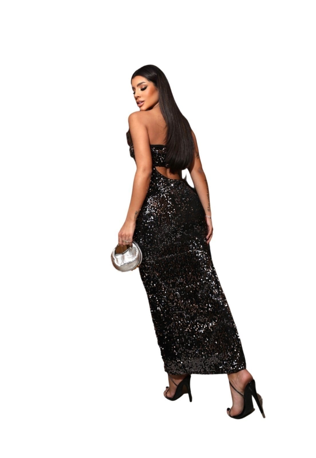 Vista 2 Vestido Longo Abertura no tórax Patrícia Paetê Cia do Vestido preto