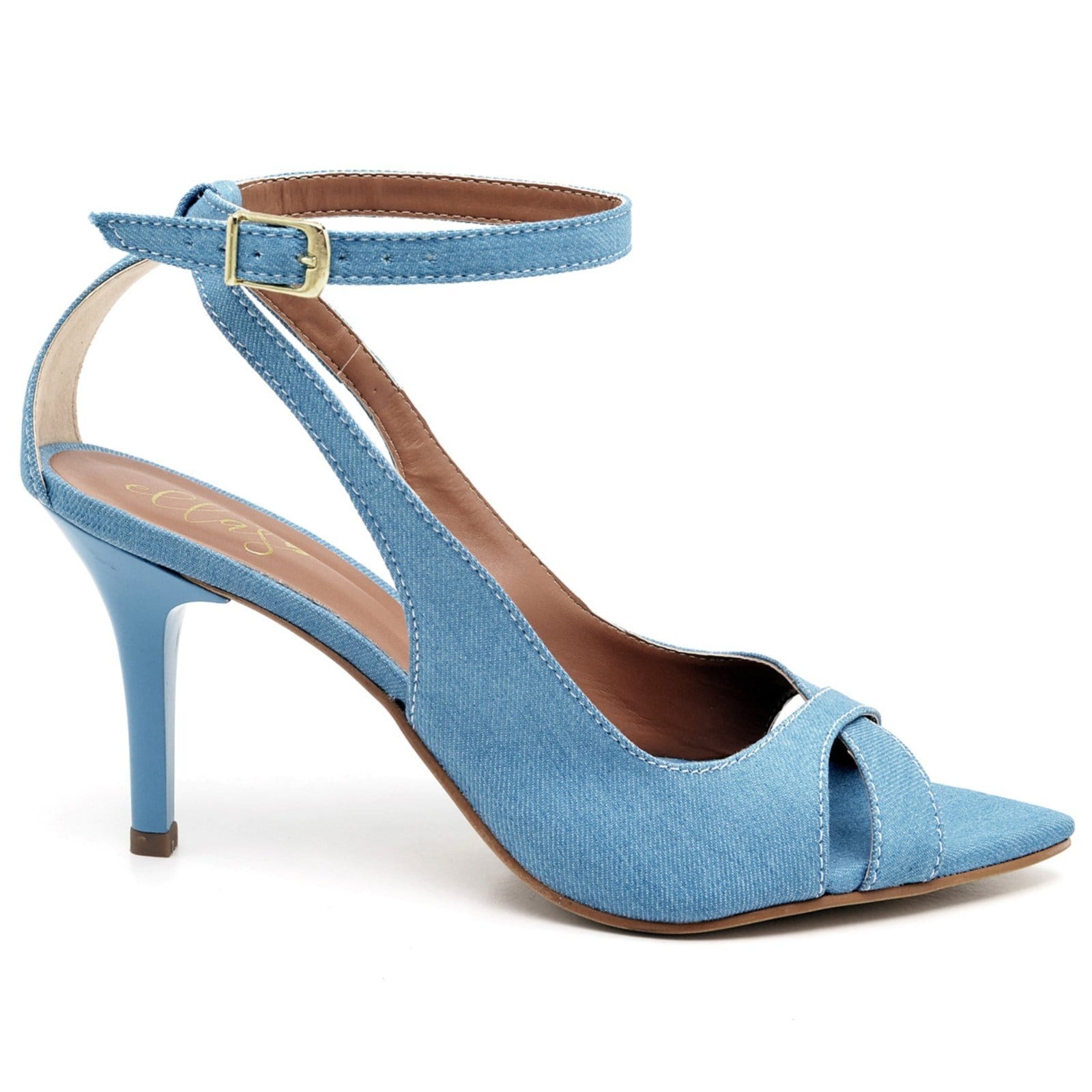 Vista 2 Sandália Salto Médio Feminina Bico Folha Jeans Delave ZAFREM azul