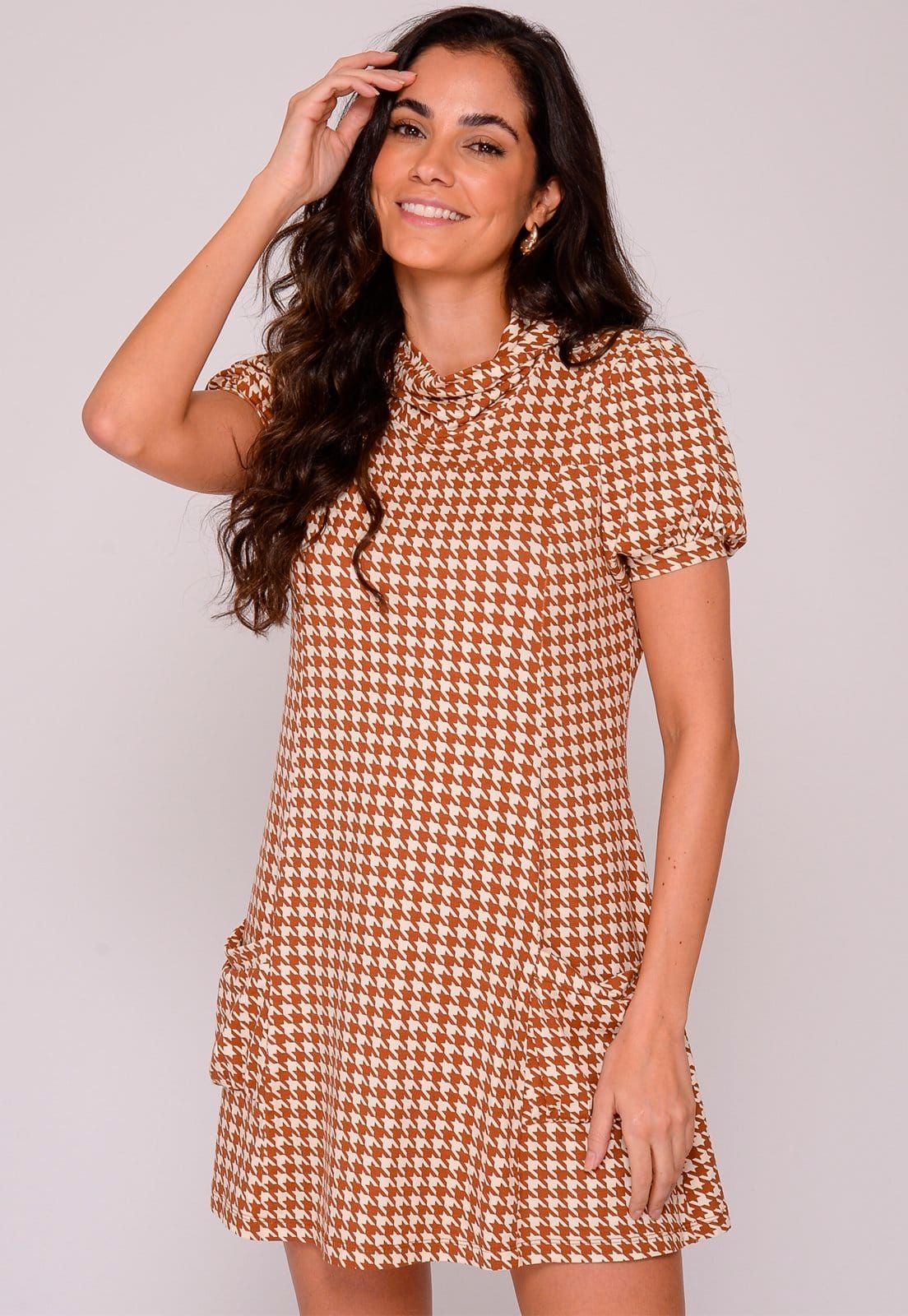 Vestido Manga Bufante Gola Alta B’Bonnie Sharon Bege