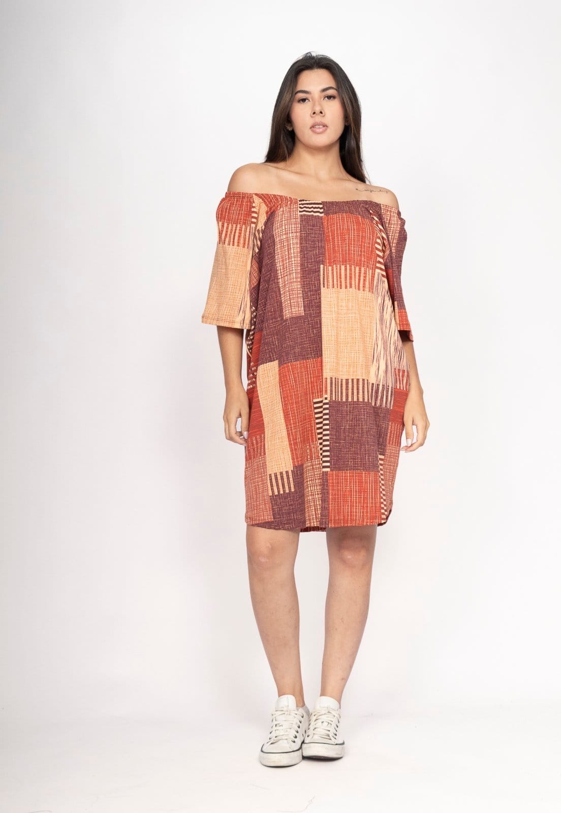 Vista principal Vestido Amazonia Vital Curto Malha Ombro a Ombro Mullet Amplo Tramas do Sol Amazonia Vital estampado