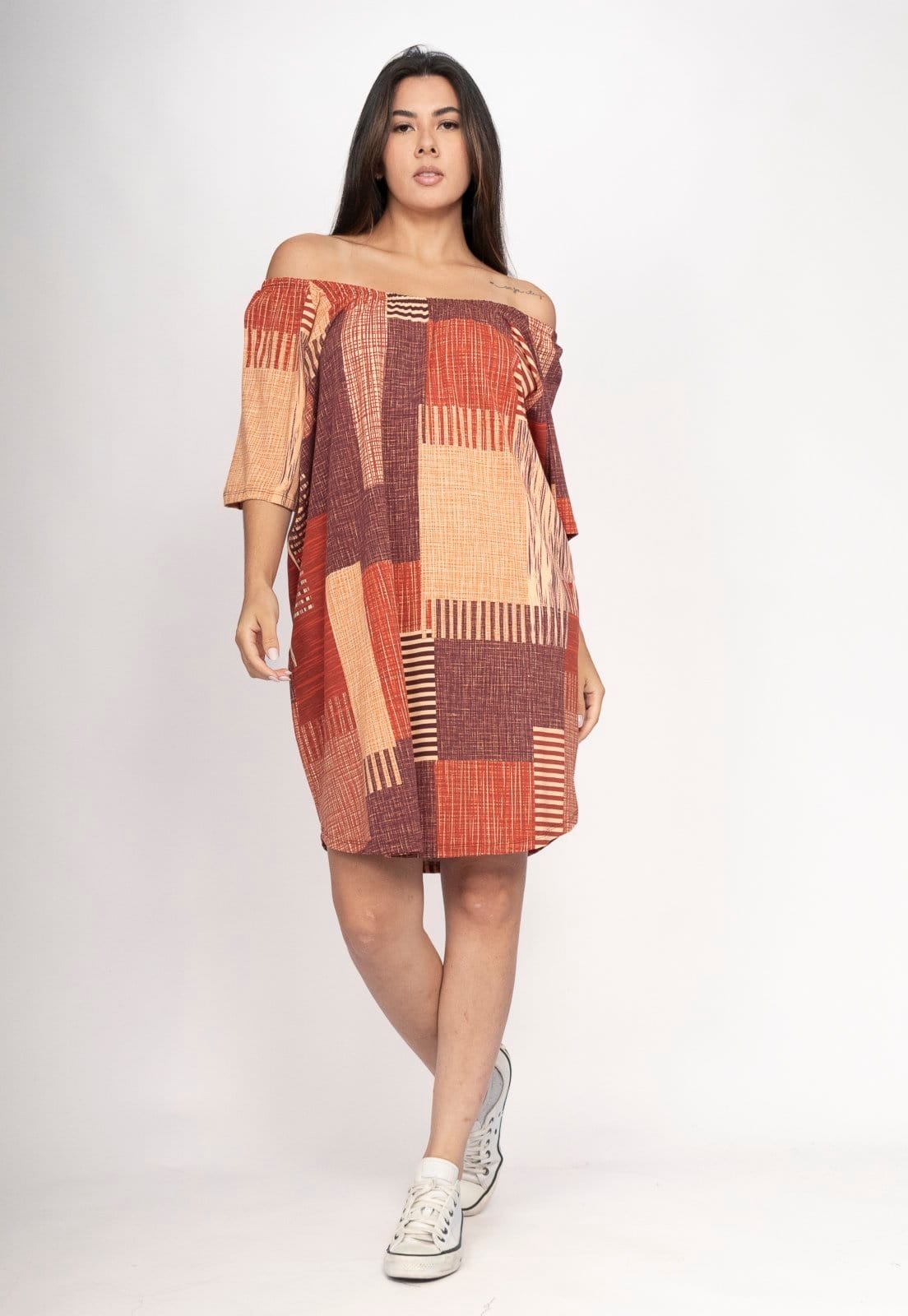 Vista 2 Vestido Amazonia Vital Curto Malha Ombro a Ombro Mullet Amplo Tramas do Sol Amazonia Vital estampado