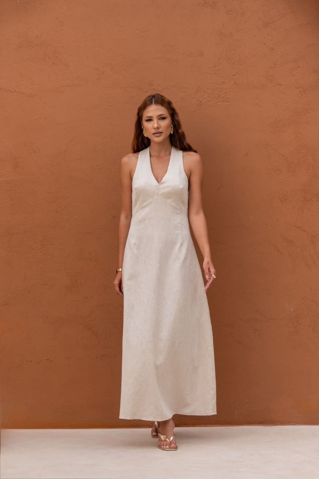 Vestido Midi Feminino com Decote em V Detalhe nas Costas Lemier Collection Off White