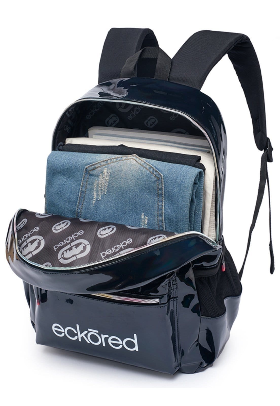 Vista 2 Mochila Feminina Ecko Bolsa Casual Escolar Faculdade Passeio Holográfica Reforçada Ecko preto