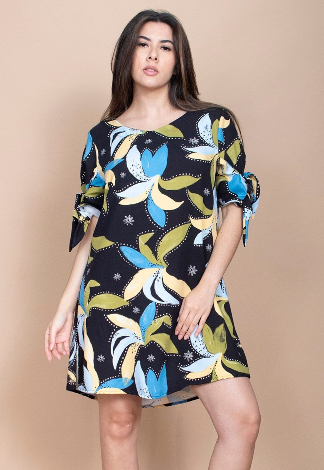 Vista principal Vestido Curto Cabanafree Plano Estampa Jardim Noturno Cabanafree amarelo/azul/estampado