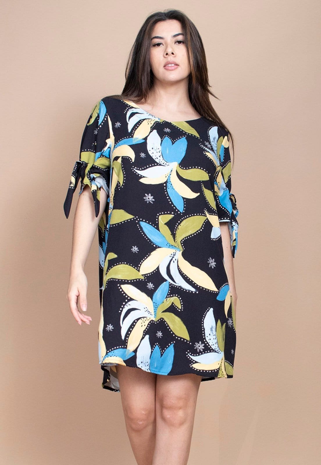 Vista 2 Vestido Curto Cabanafree Plano Estampa Jardim Noturno Cabanafree amarelo/azul/estampado