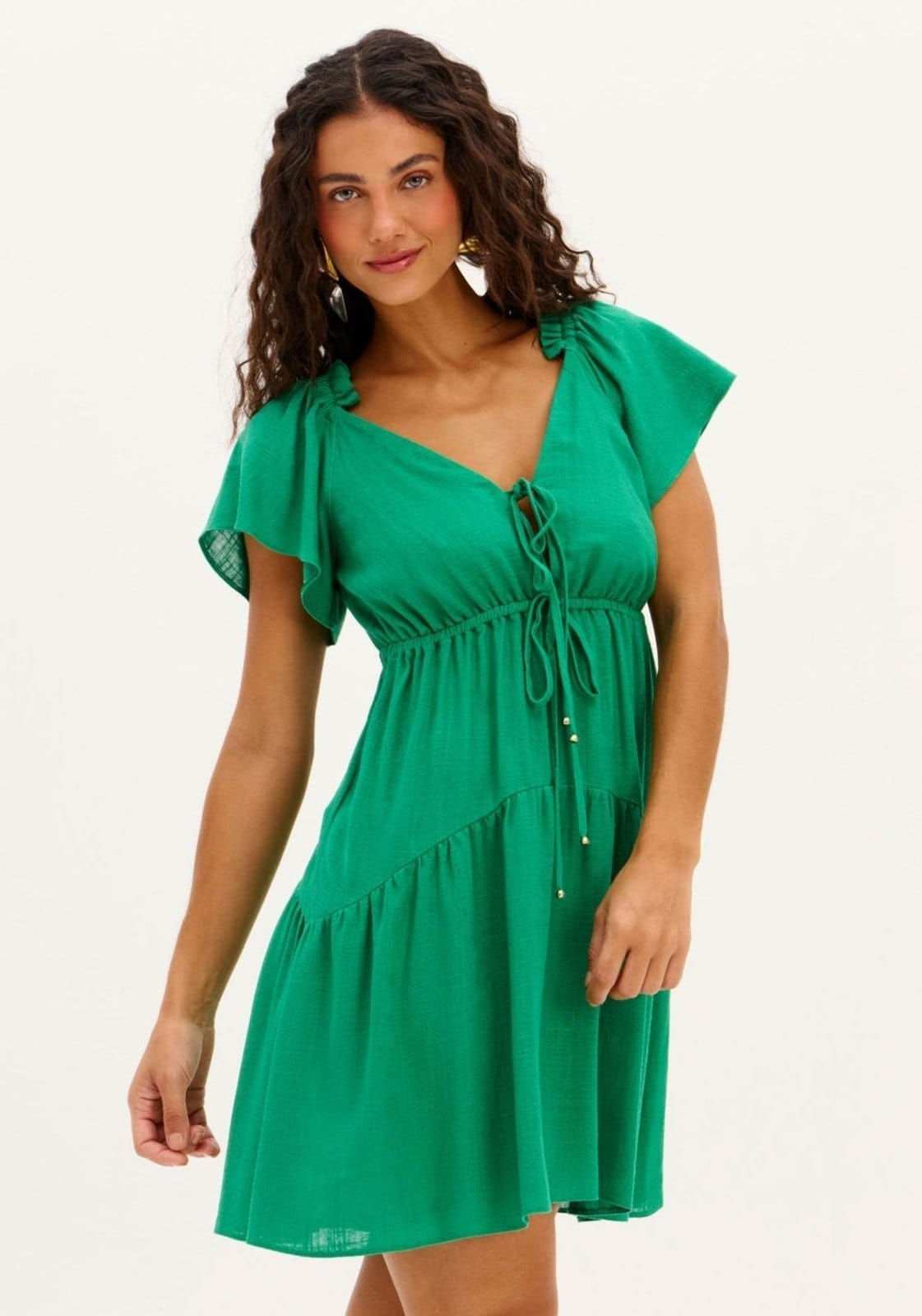 Vista 2 Vestido Curto Com Linho Manga Curta My Favorite Things verde