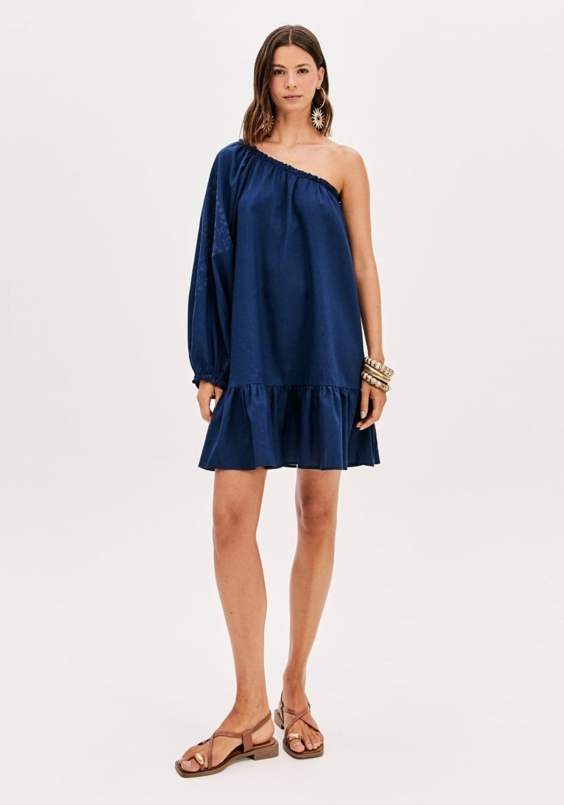 Vista principal Vestido Curto Ombro Único Com Linho My Favorite Things azul