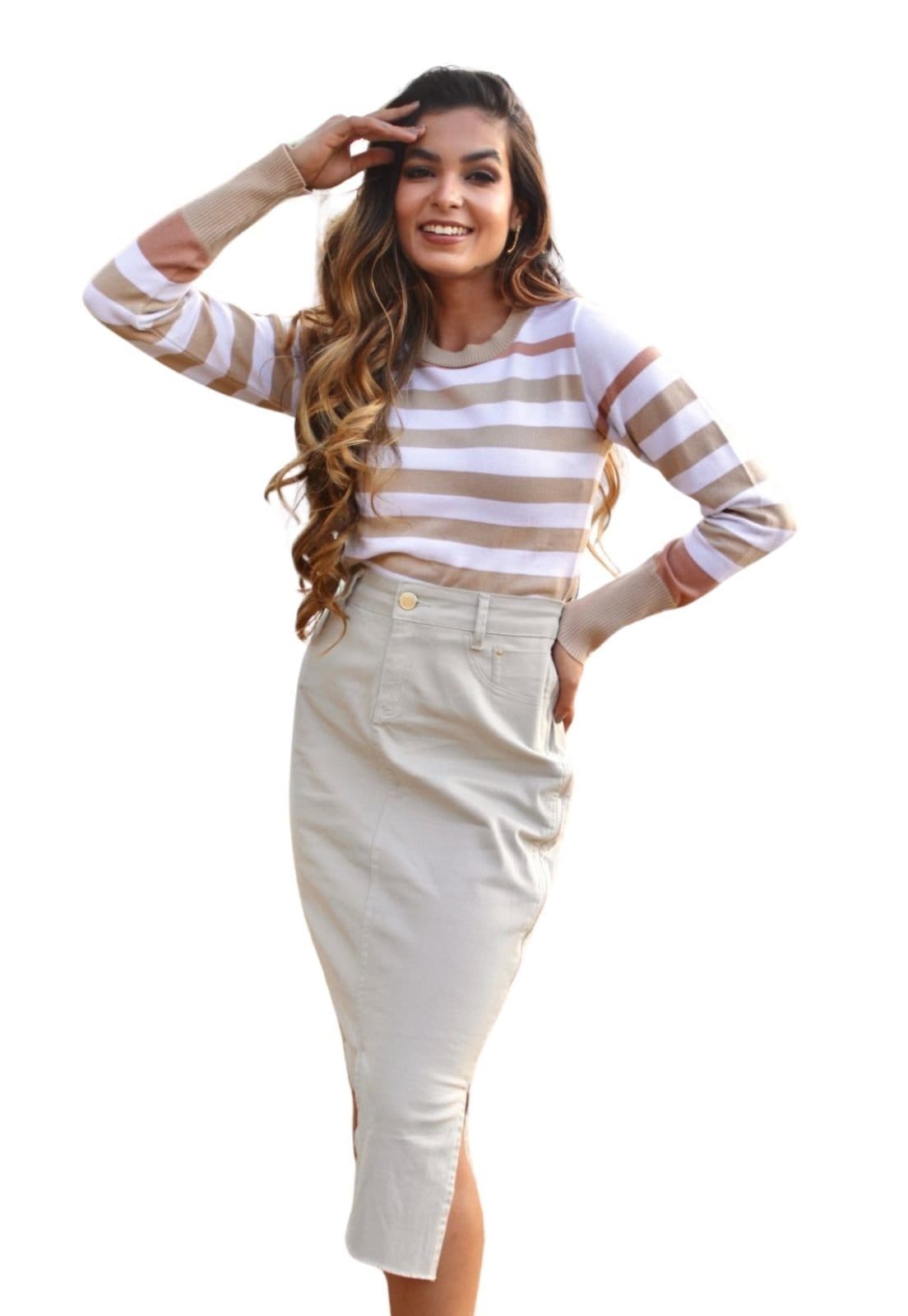 Saia Midi Jeans Cintura Alta Detalhe Lateral Tubinho Creme