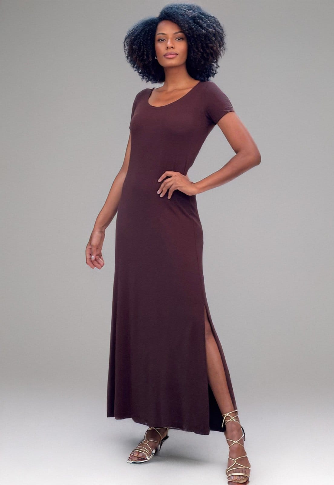 Vista 2 Vestido Amazonia Vital Longo Malha Gola Canoa Manga Curta Amazonia Vital marrom