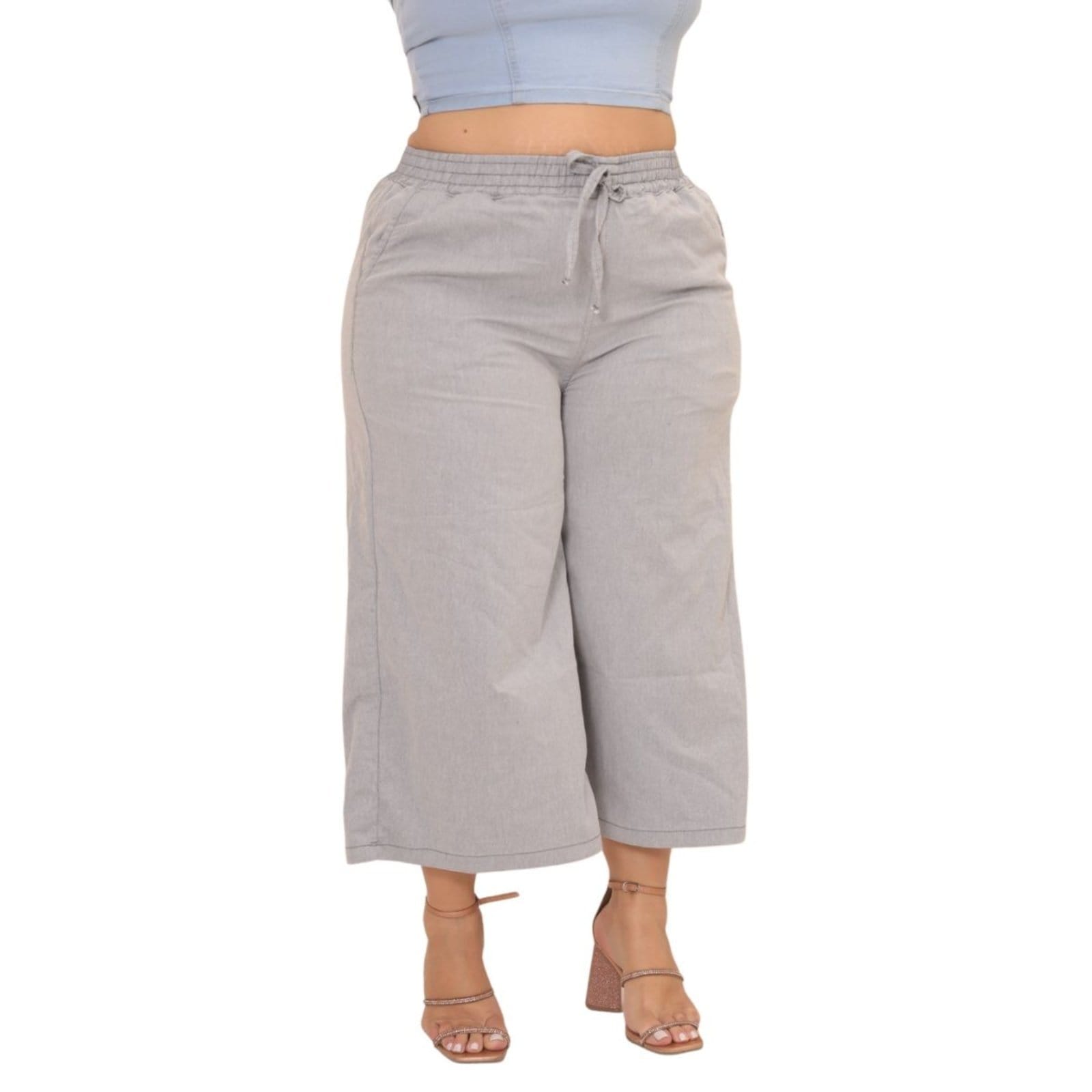Vista principal Calça Feminina Jeans Loka Plus Size Pantacourt Com Elastico na Cintura Jeans Loka cinza