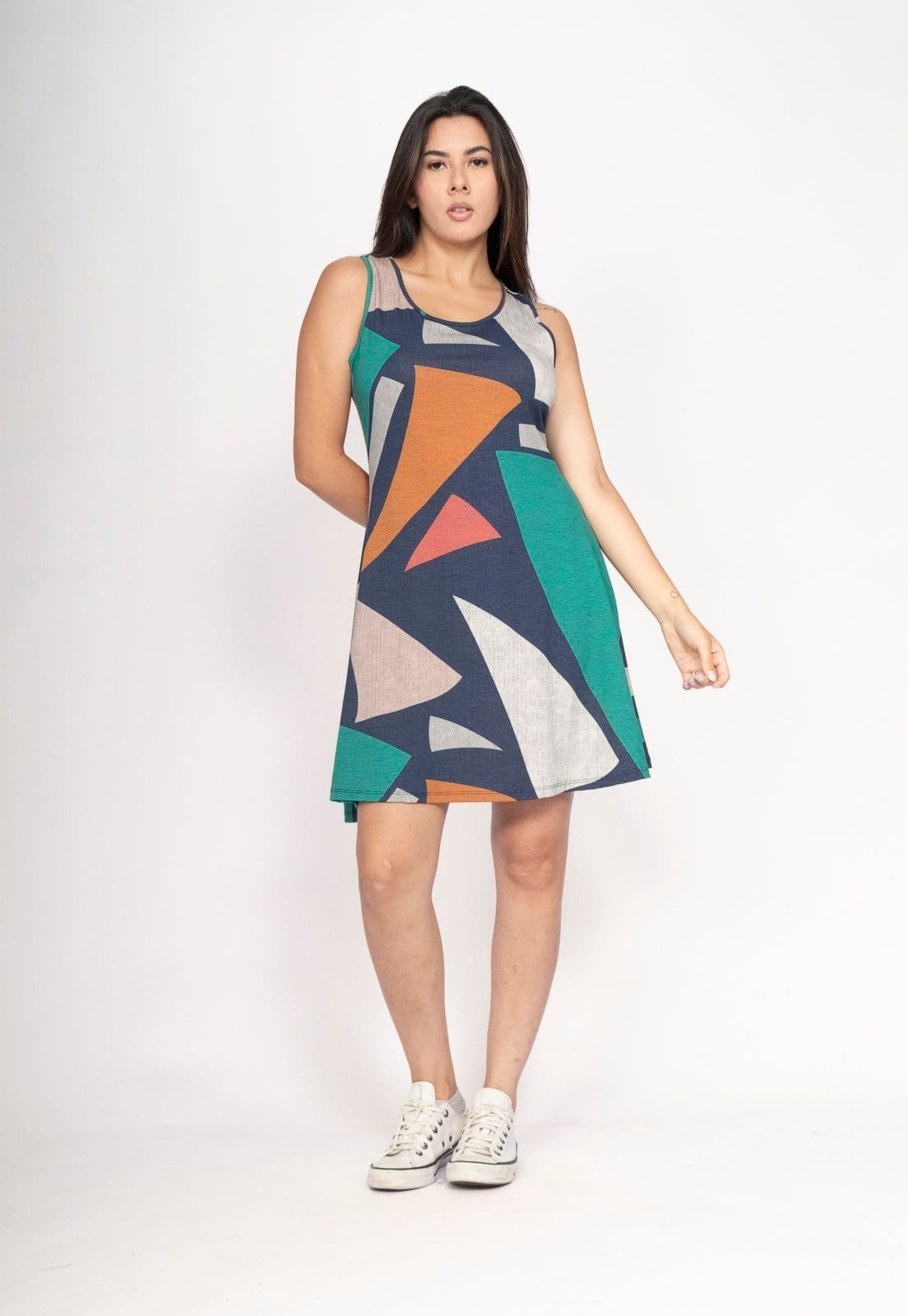 Vista principal Vestido Amazonia Vital Anahí Curto Regata Estampa Geometrias do Tempo Amazonia Vital estampado