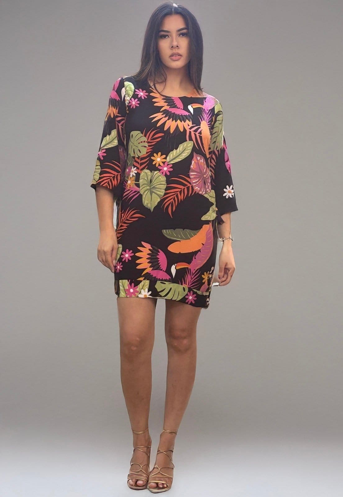 Vestido Curto Amazonia Vital Viscose Manga Ampla Balli Noite Botânica