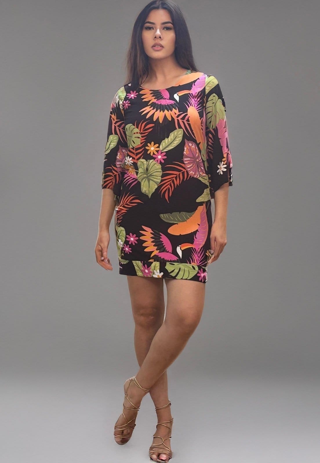 Vista 2 Vestido Curto Amazonia Vital Viscose Manga Ampla Balli Noite Botânica Amazonia Vital estampado/floral/preto