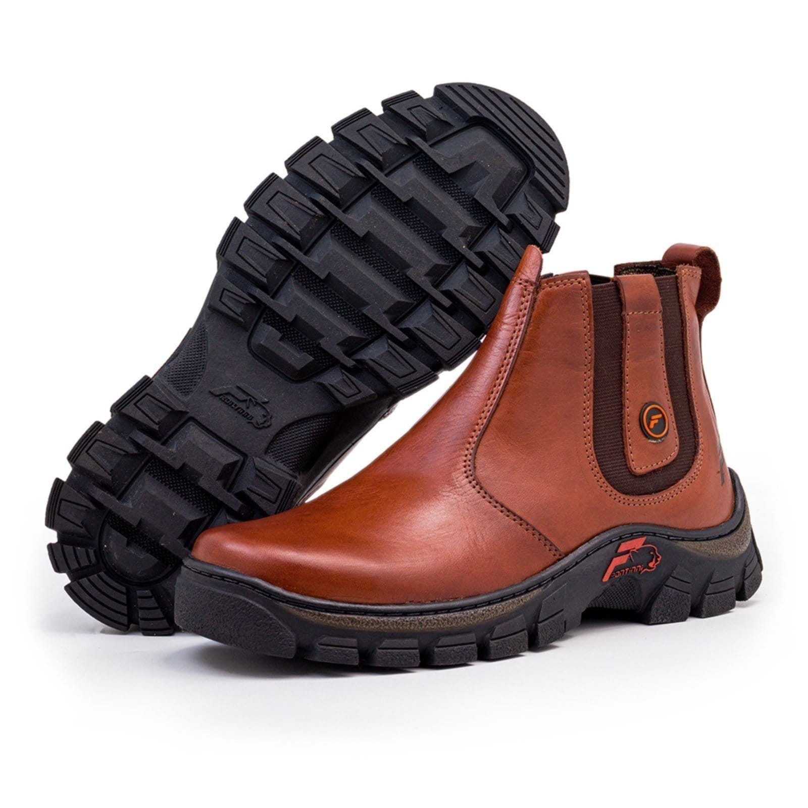 Vista principal Botina Masculina Tratorada em Couro Palmilha Gel Ortopédica Conhaque ZAFREM caramelo