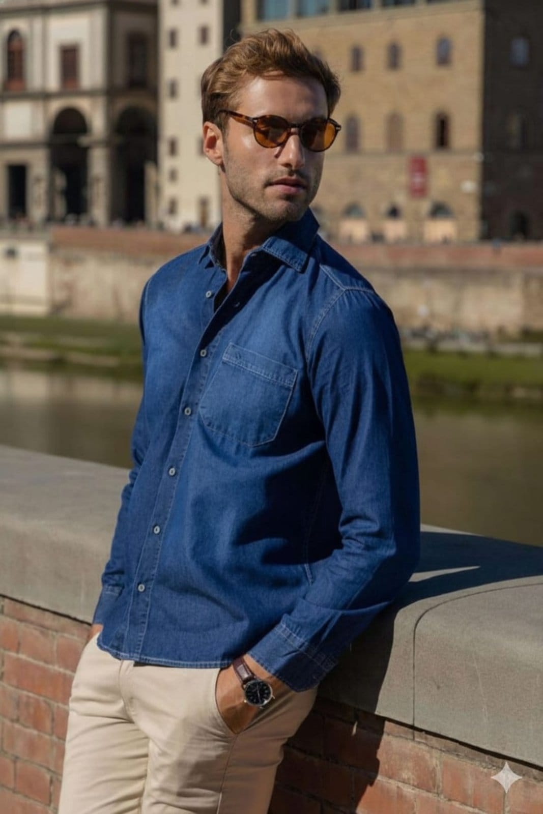 Camisa Jeans Amil Tribune Comfort Com Bolso Lançamento Luxo Marinho