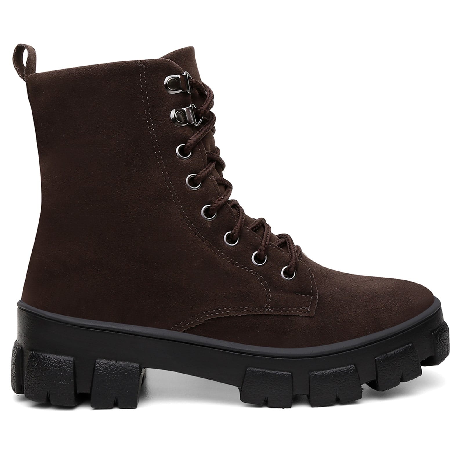 Vista 2 Bota Coturno Feminino Tratorado Café Camurça Estilosa Militar Santa Rosa café rosa