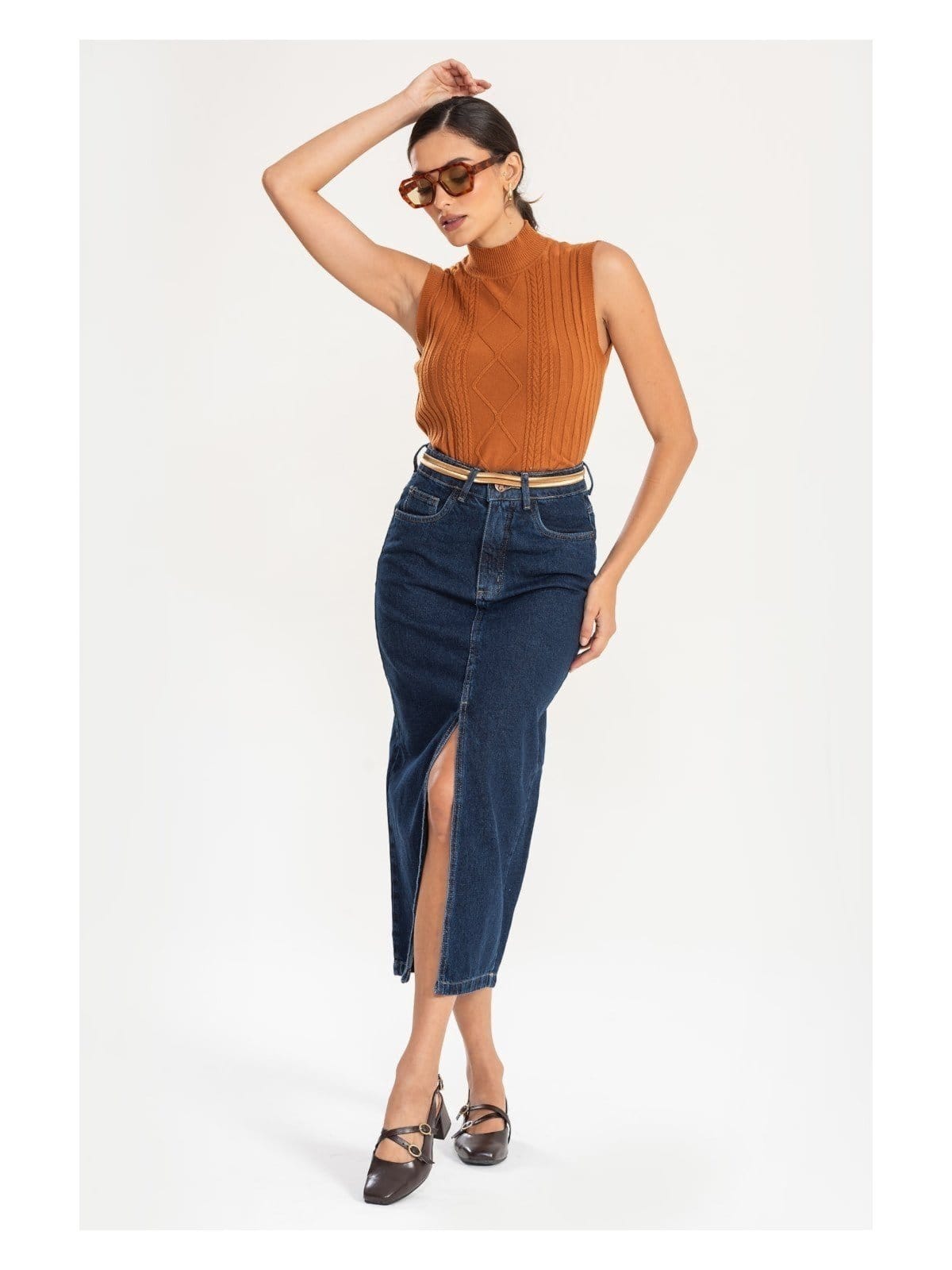 Vista 2 Saia Midi Noah Feminina Escuro NEW DENIM jeans