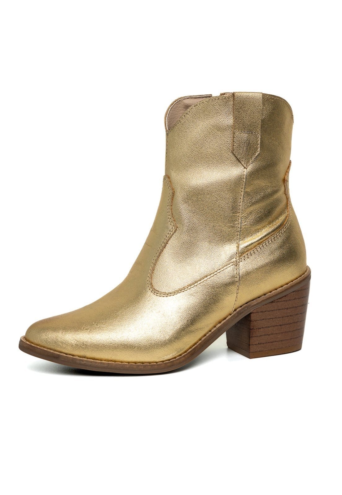 Vista principal Bota Western Texana Bico Fino Cano Curto Country Couro Metalizado Ouro TELLINI STORE dourado