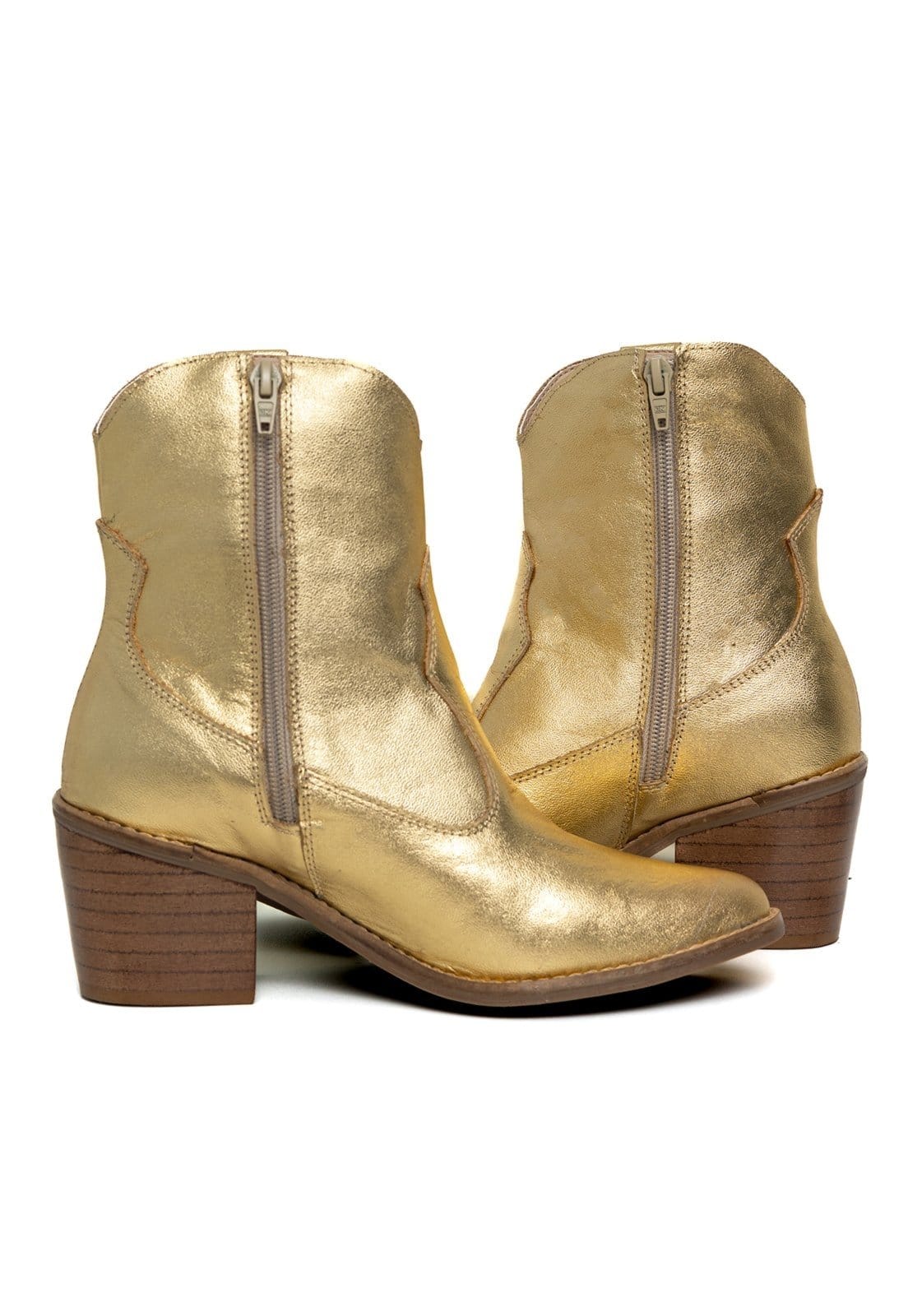 Vista 2 Bota Western Texana Bico Fino Cano Curto Country Couro Metalizado Ouro TELLINI STORE dourado