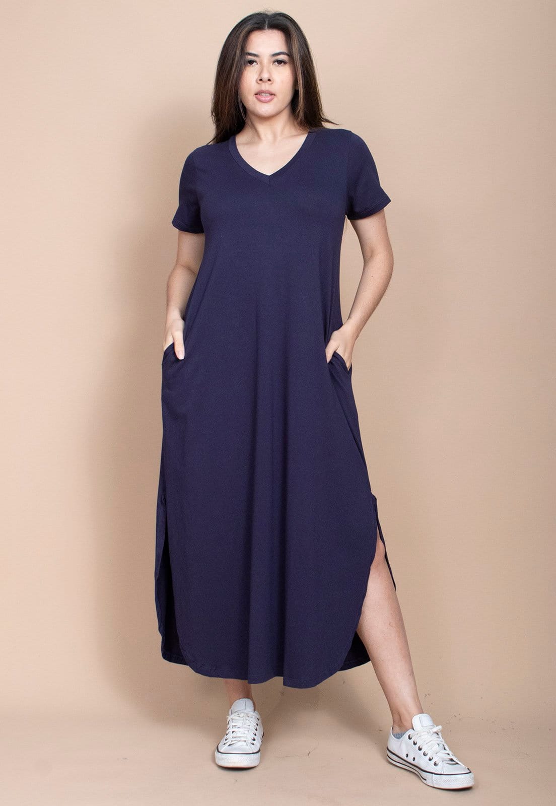 Vista principal Vestido Cabanafree Midi Abapã Malha com Bolso Marinho Cabanafree azul