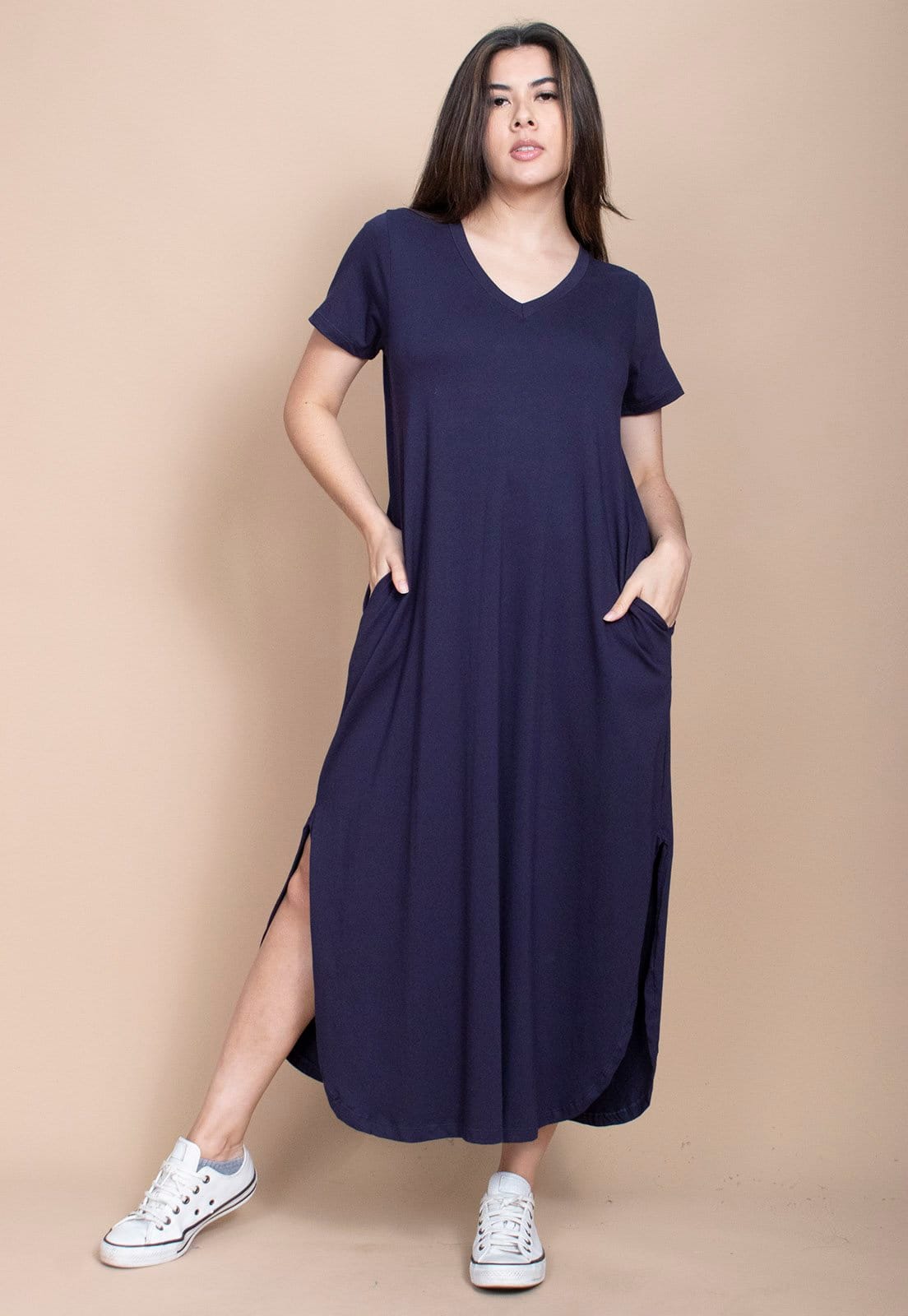 Vista 2 Vestido Cabanafree Midi Abapã Malha com Bolso Marinho Cabanafree azul