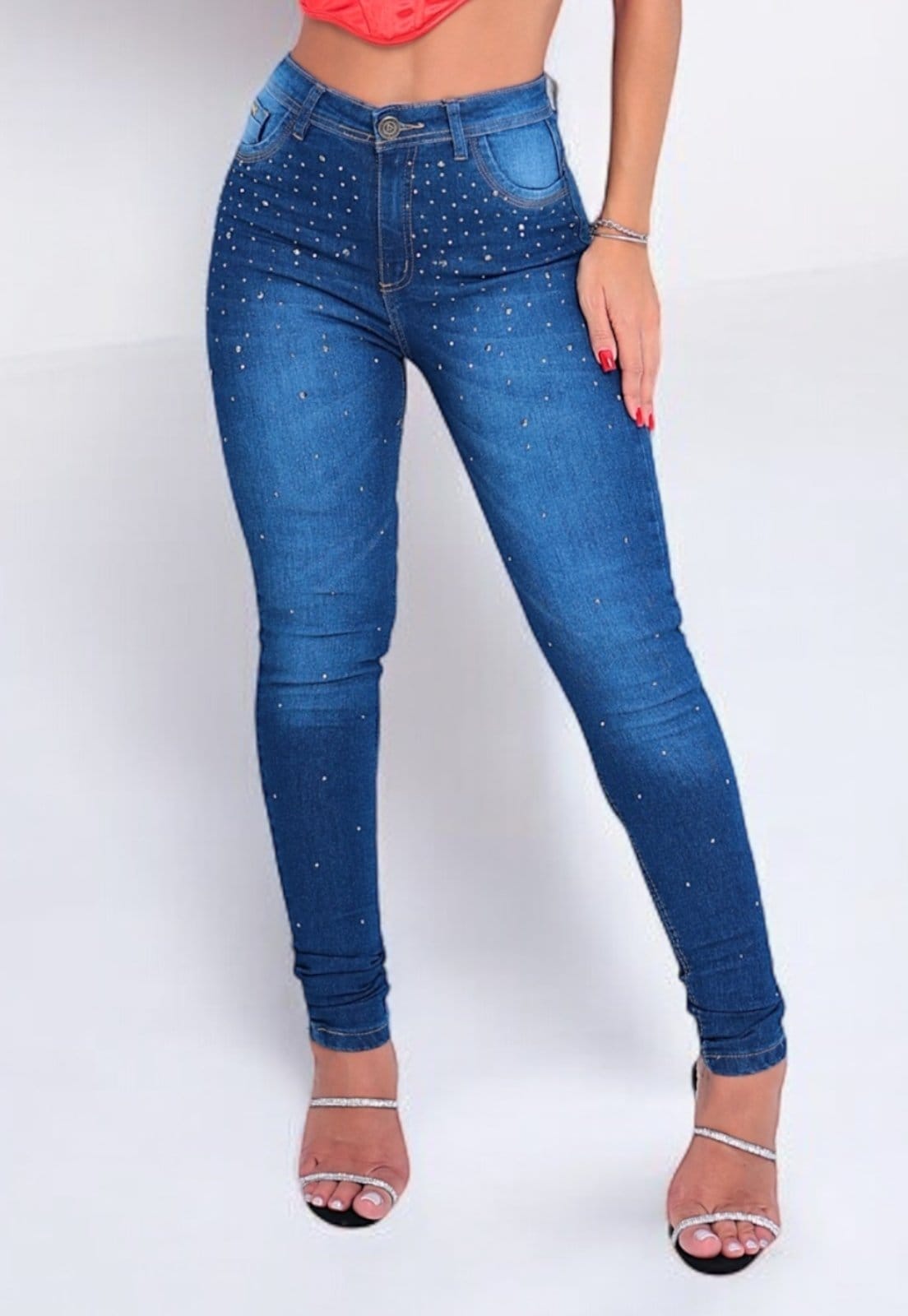 Vista 2 Calça Feminina Jeans Skinny com Strass Brilho Patria Brasil azul