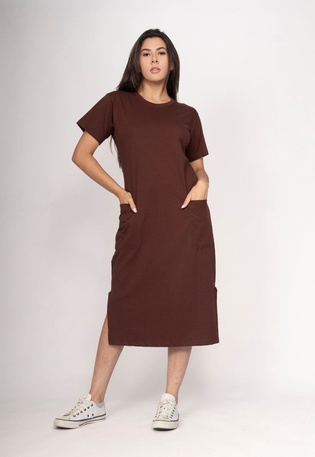 Vestido CabanaFree Midi Algodão Manga Curta 02 Bolsos Cacau Nativo