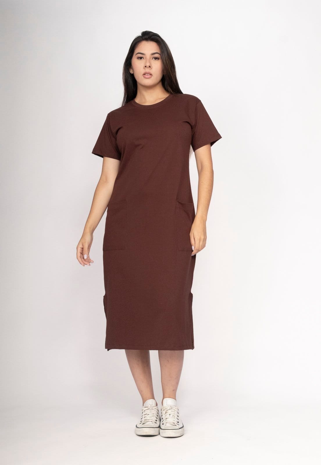 Vista 2 Vestido CabanaFree Midi Algodão Manga Curta 02 Bolsos Cacau Nativo Cabanafree marrom