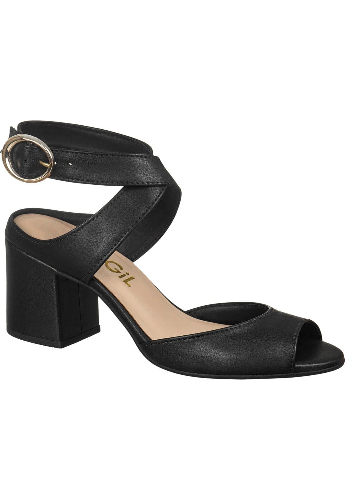 Vista 2 Sandália Feminina GiGiL Salto Bloco Médio Tira Cruzada Fivela Lateral Bico Arredondado Elegante Casual Gigil preto