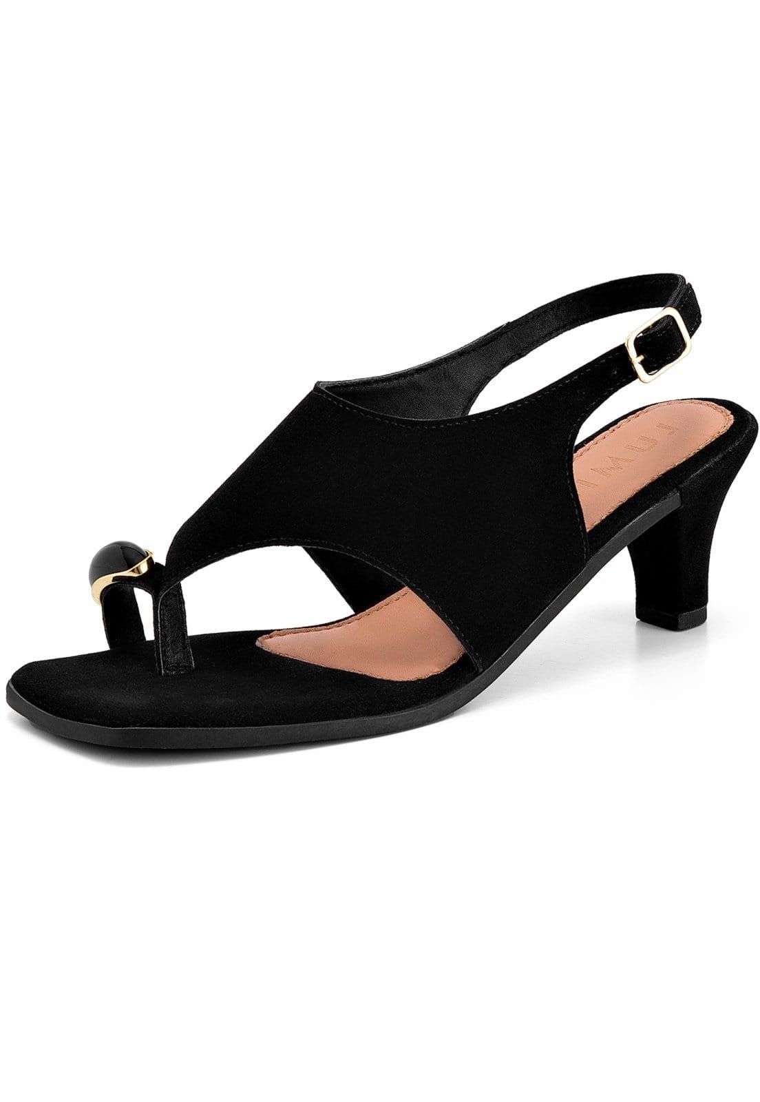 Sandália Feminina Lumiss Salto Fino Baixo Bico Quadrado Enfeite Metalizado Camurça