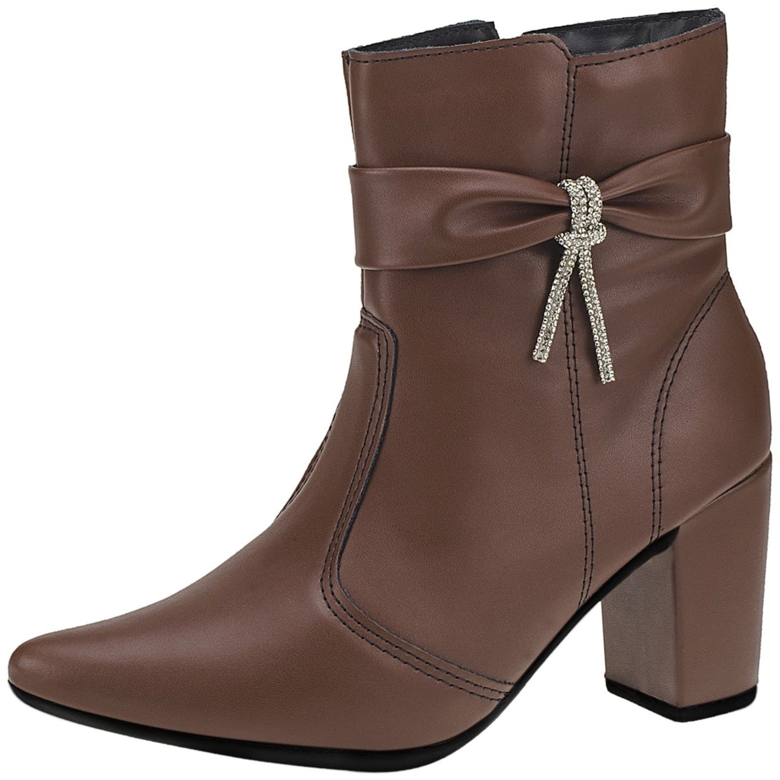 Bota Feminina Lóris Shoes Bico Fino com Zíper Lateral Cano Curto Salto com Acessório Lacinho 204