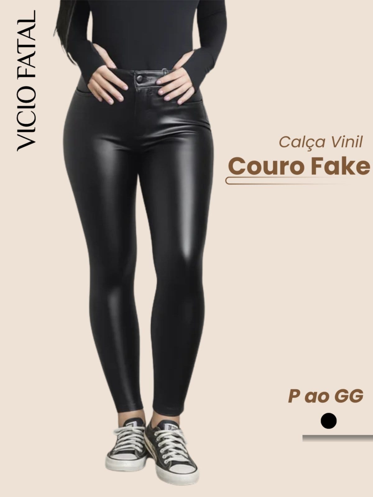 Vista principal Calça Feminina Skinny Vinil Couro Falso Forrada Vicio Fatal preto