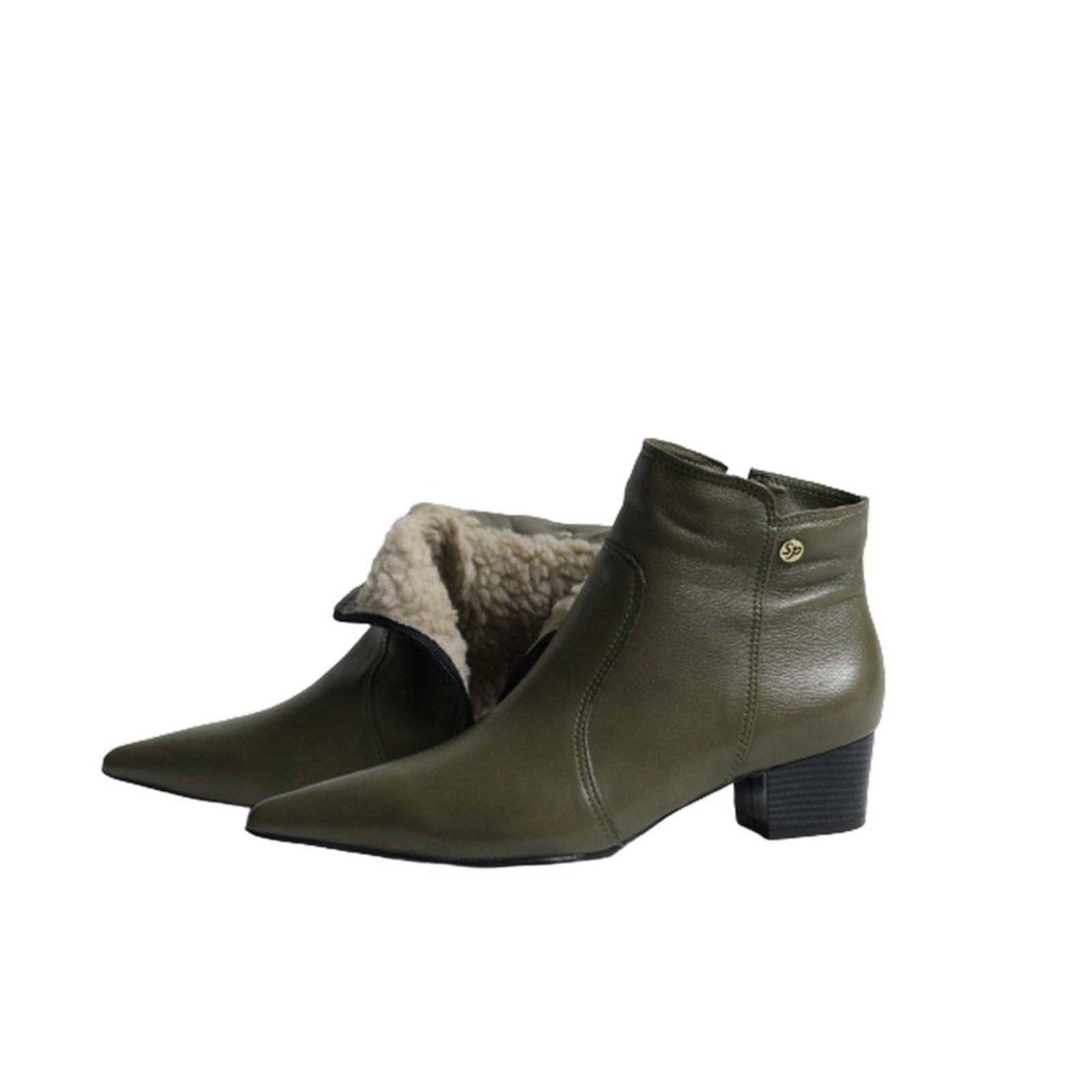 Vista 2 Bota Feminina em Lã Sintética Bico Fino Cano Curto Couro Salto 4 CM Verde Spinelli verde militar