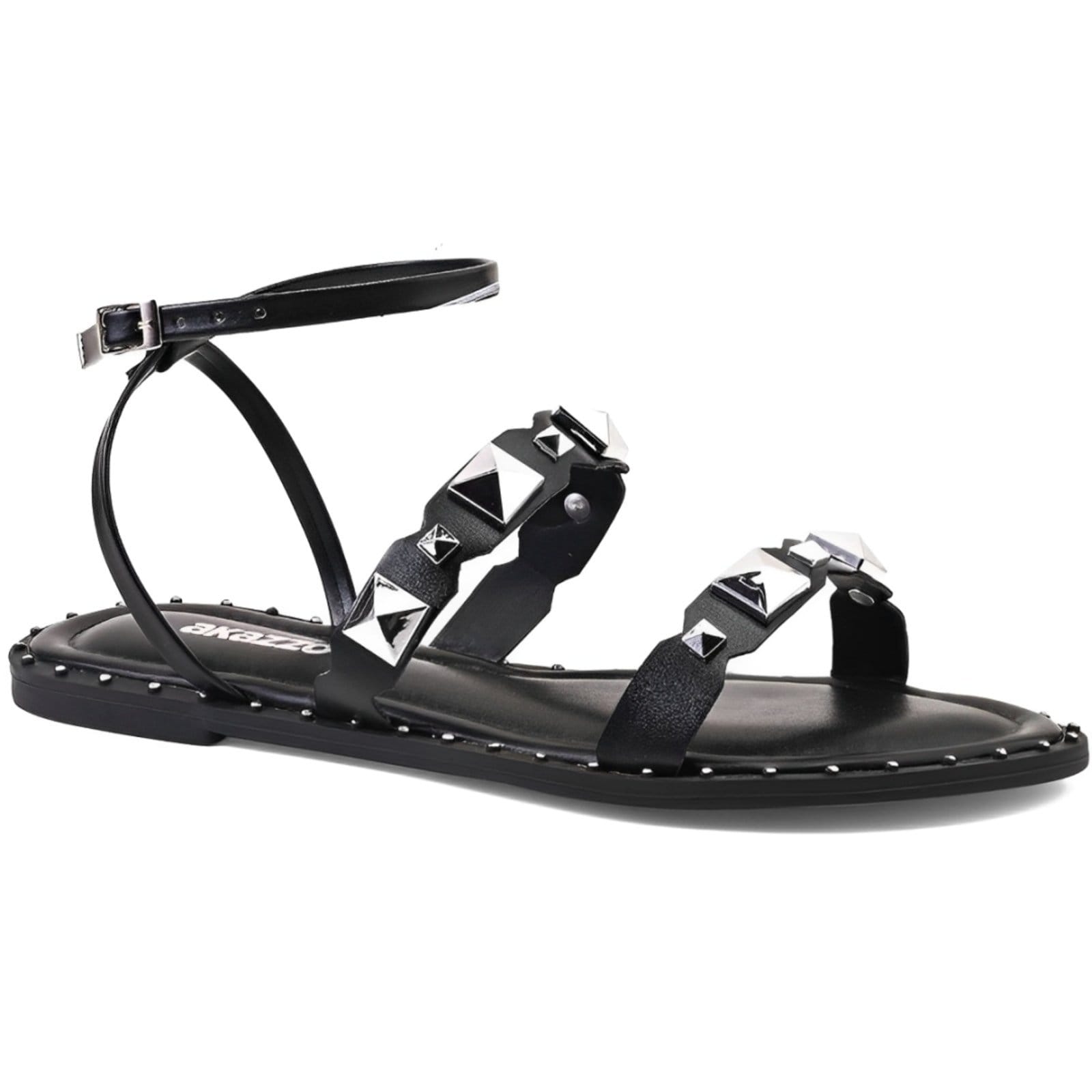 Vista 2 Sandália Feminina Rasteira Preta Akazzo Tachas Spikes Santa Rosa preto