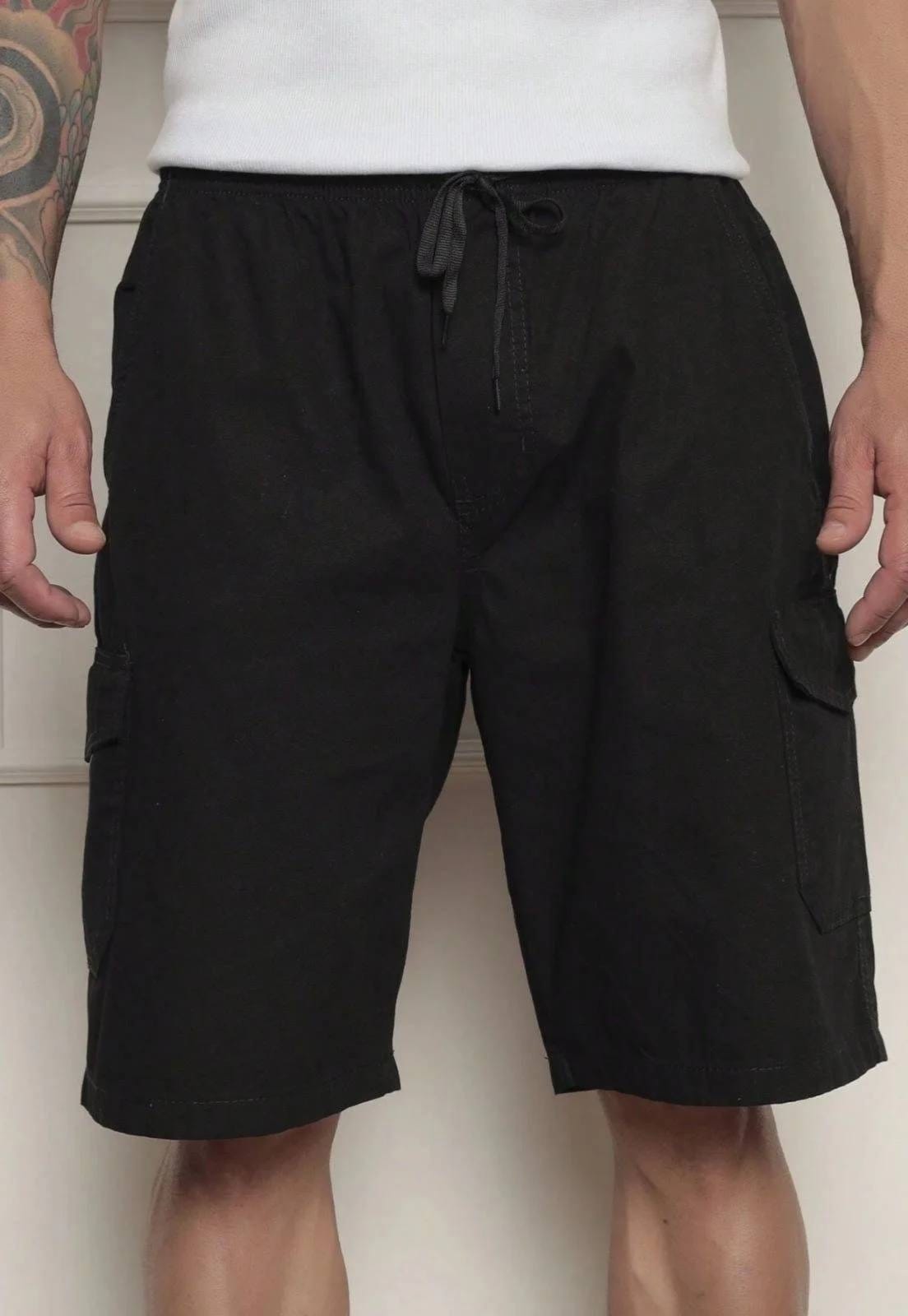 Vista principal Bermuda Cargo Masculina Avec Sarja Algodão com Cordão Confortável Avec preto
