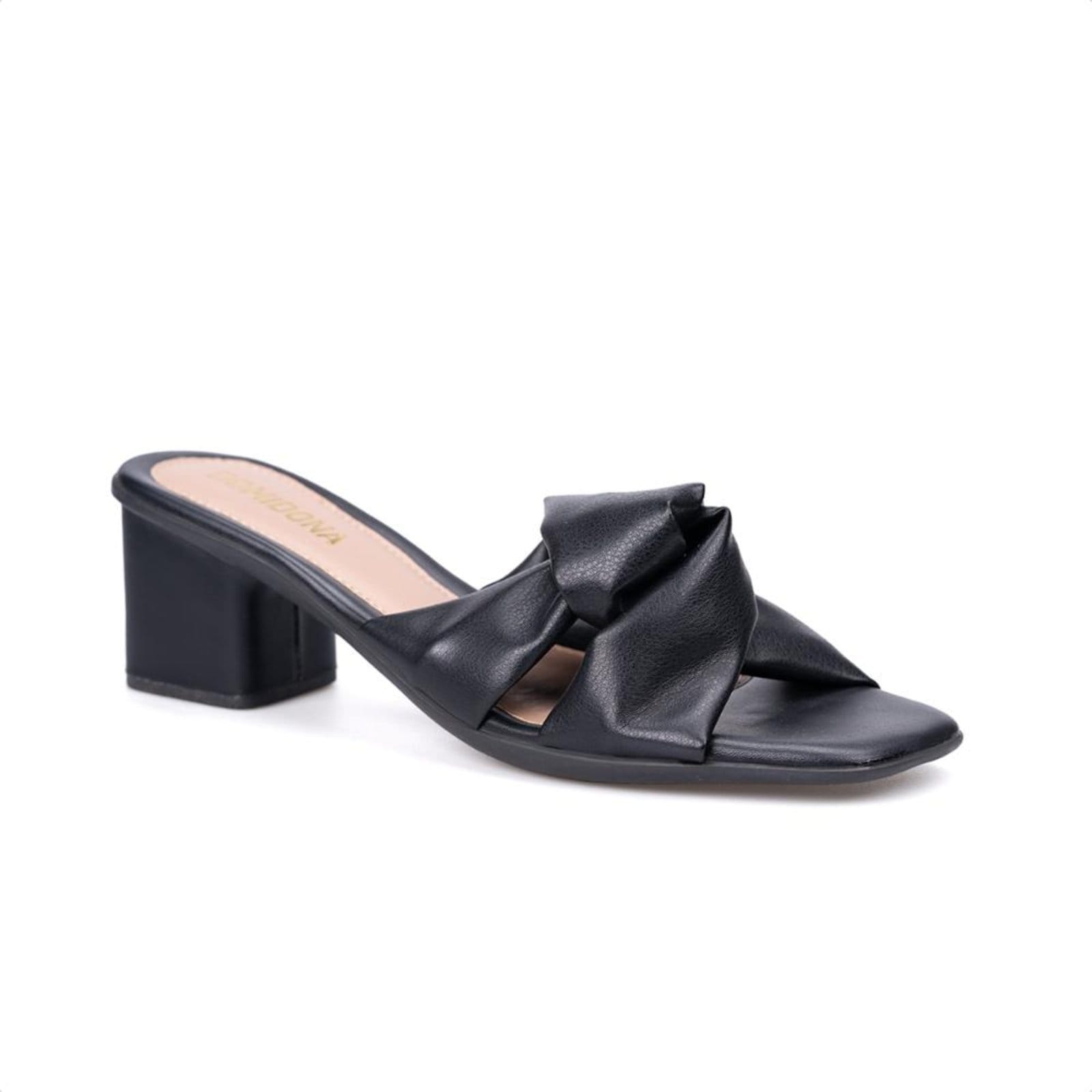 Sandália Feminina Preta Laço Bico Quadrado Salto Médio Bloco