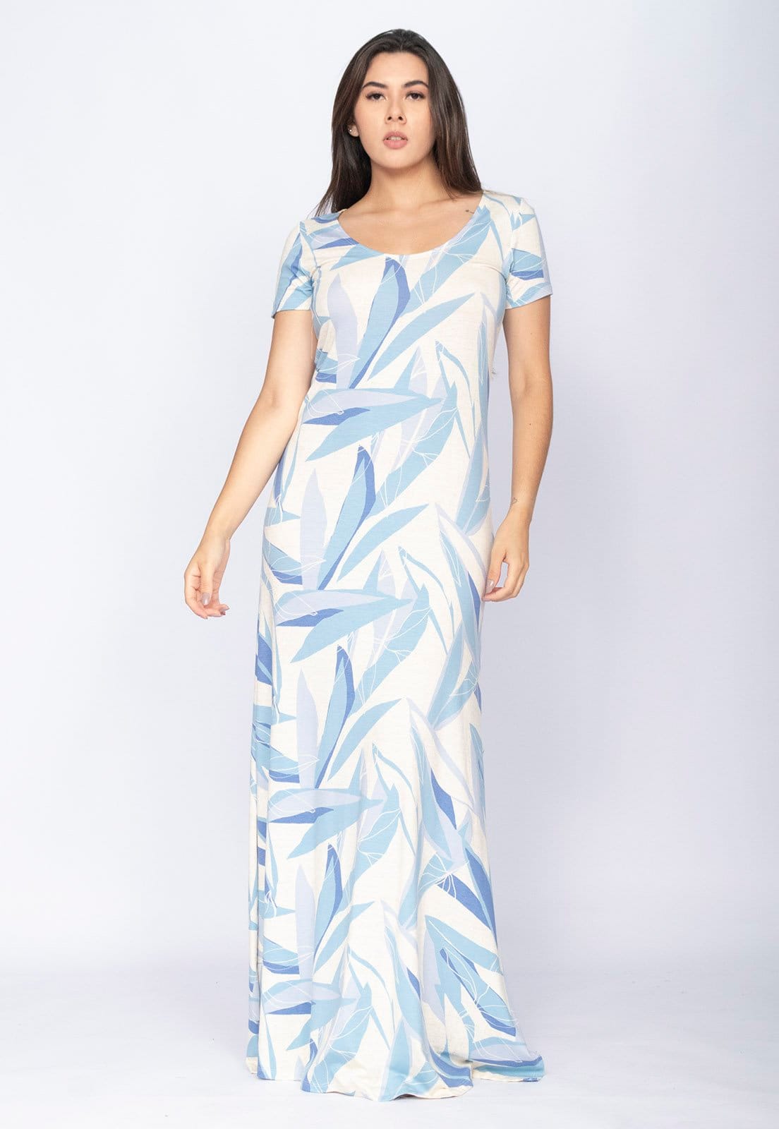 Vista principal Vestido CabanaFree Longo Malha Gola Canoa Manga Curta Estampa Selvagem Blue Cabanafree azul/estampado blue