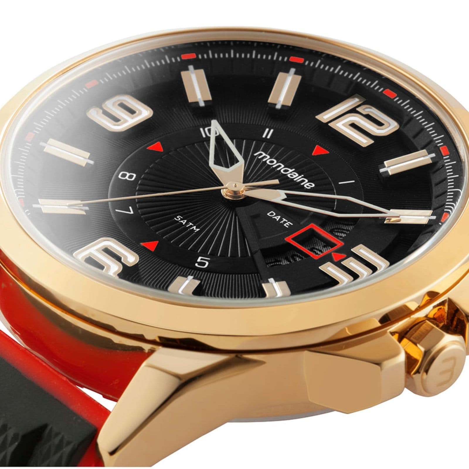 Vista 2 Relógio Masculino Mostrador em 3D Calendario Dourado Mondaine preto