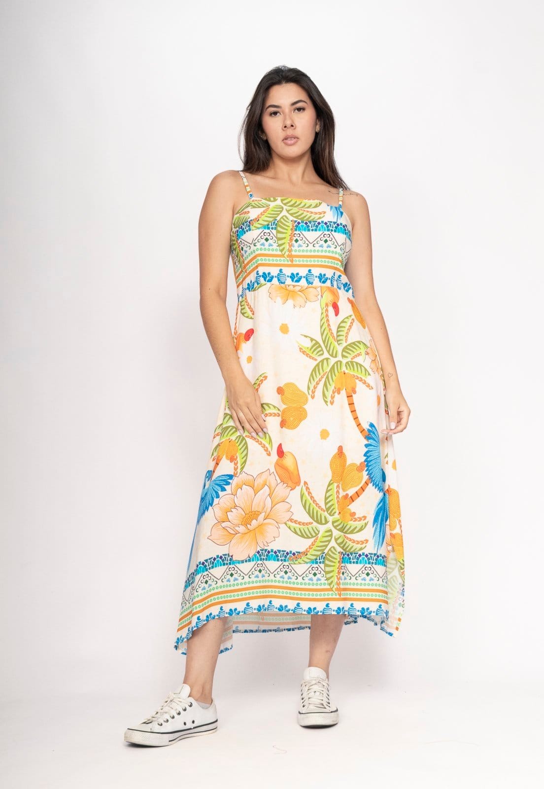 Vista 2 Vestido CabanaFree Midi Alça Fina Estampa Verão Vital Cabanafree estampado