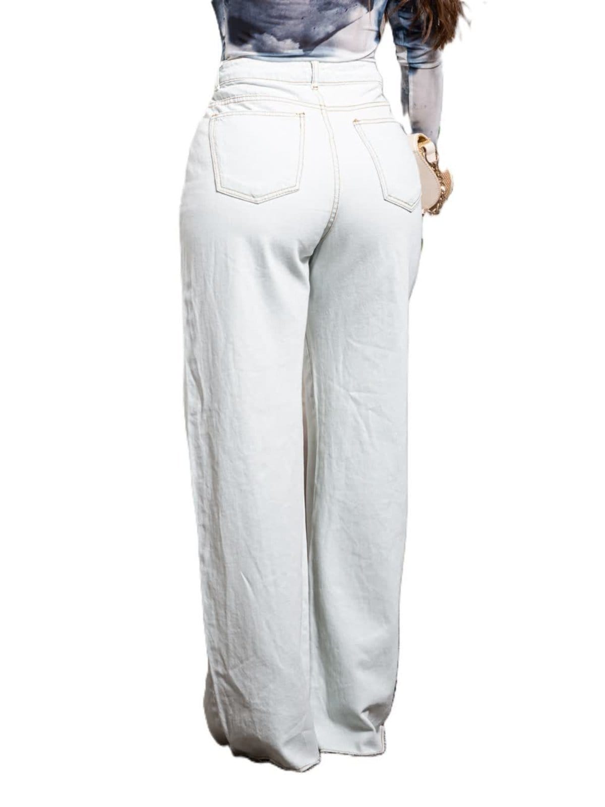 Vista principal Calça Feminina Razon Jeans Wide Leg Barra Desfiada Jeans Lavagem Clara Razon Jeans branco