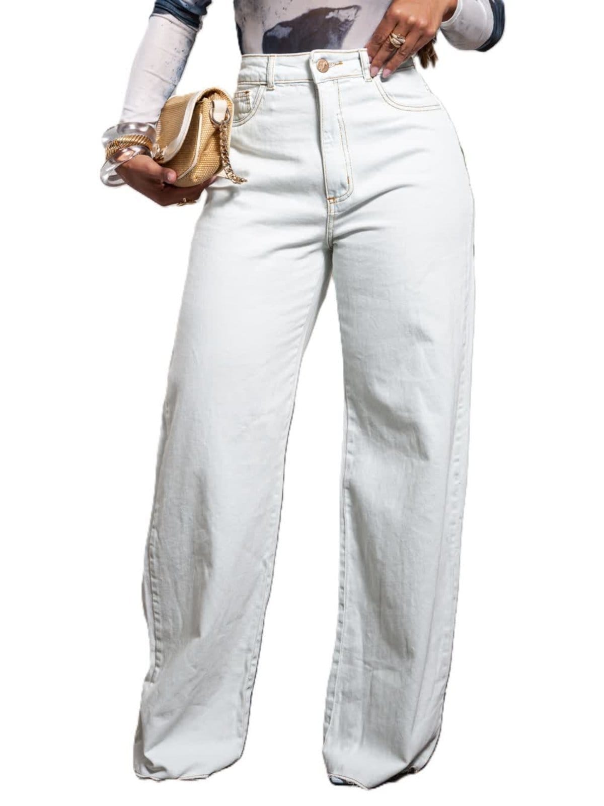 Vista 2 Calça Feminina Razon Jeans Wide Leg Barra Desfiada Jeans Lavagem Clara Razon Jeans branco
