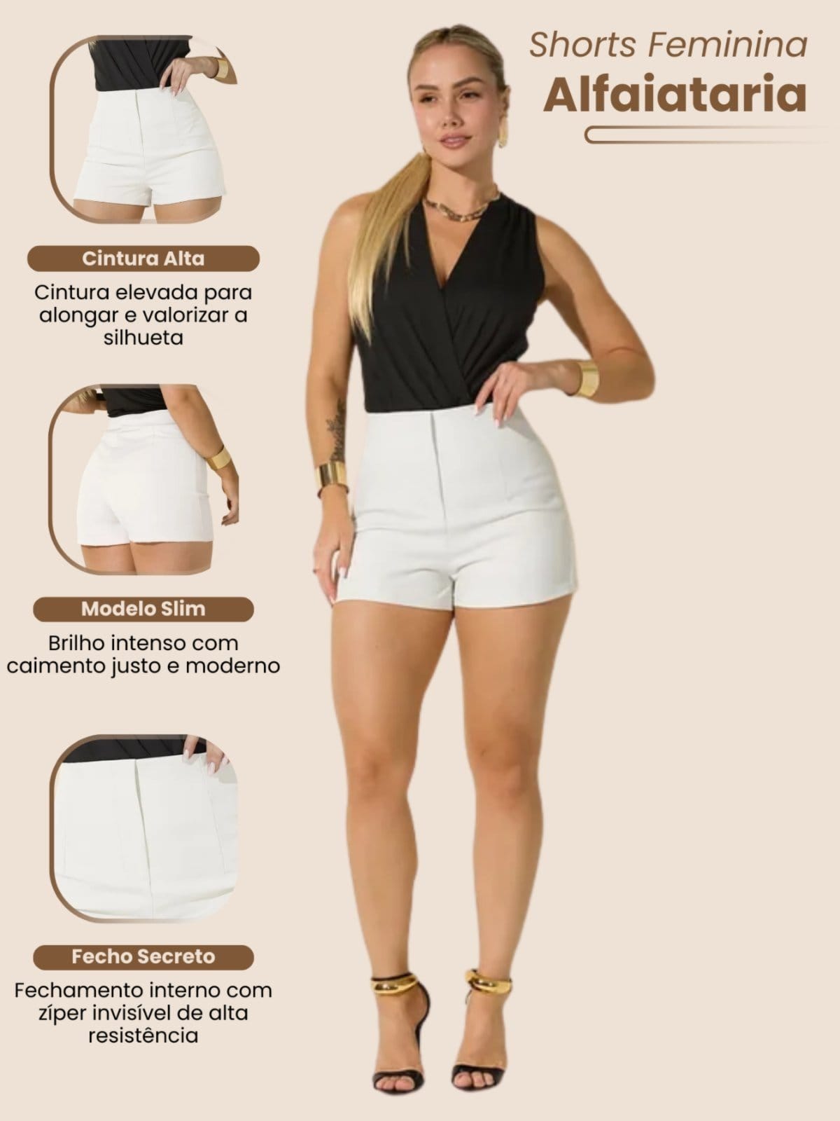 Vista 2 Shorts Feminino de Alfaitaria Social Fecho Invisível Elegante Plissado Modelagem Curta Cintura Alta Estiloso Casual Sofisticado Bolsos Frontais Fecho com Botão Minimalista Vicio Fatal branco