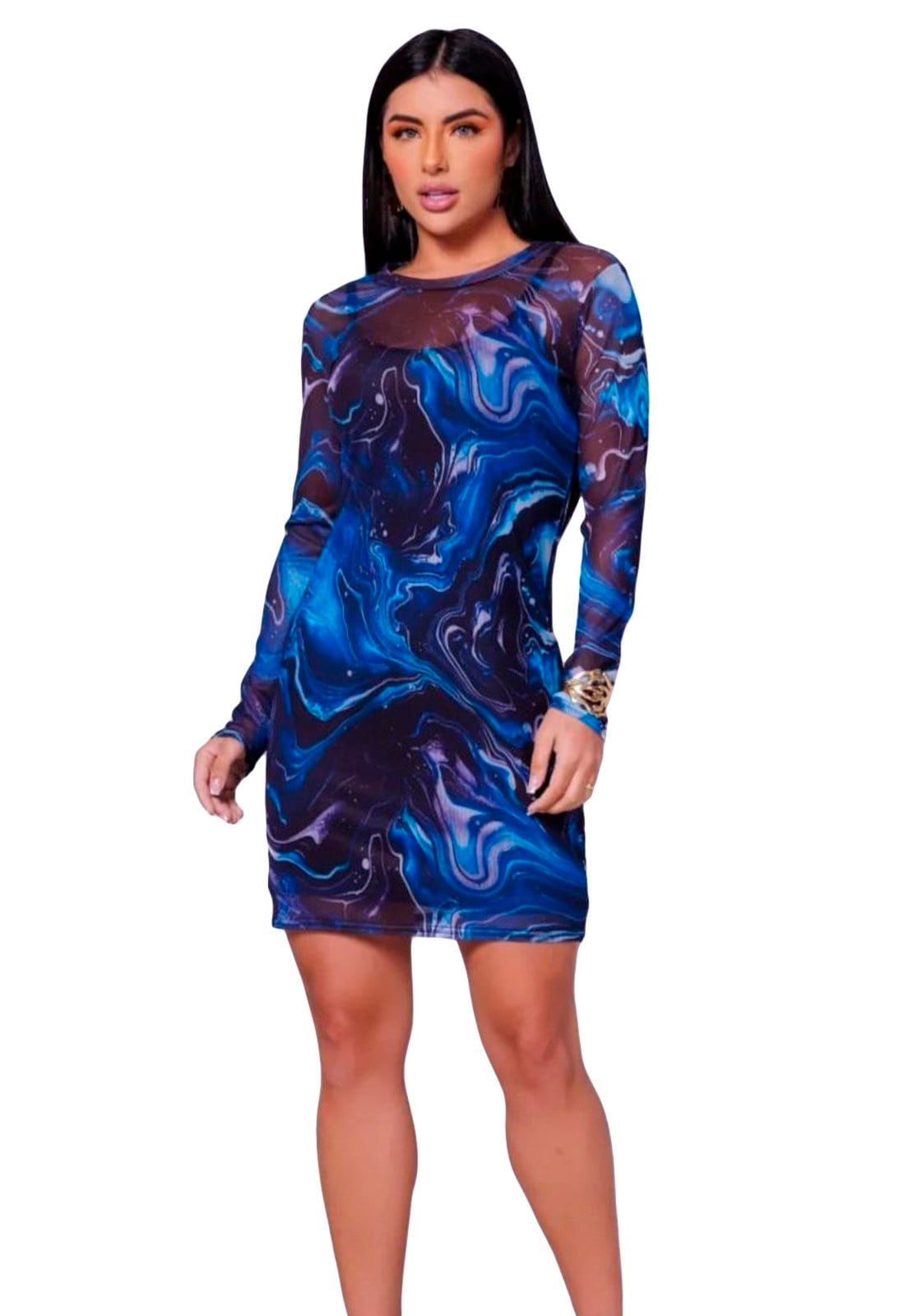 Vestido Tule Ywc ind Curto Manga Longa 2em1 Estampados Diversos Estampa azul