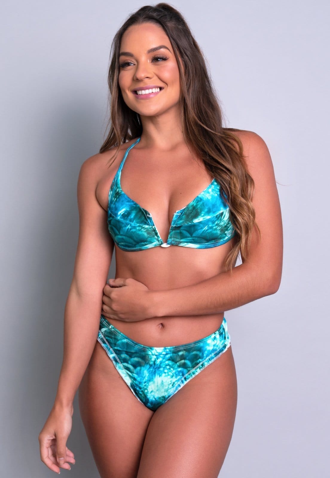 Vista principal Biquíni MVB Modas Cropped Decote V Ripple Cintura Alta Pavão Mvb Modas azul/branco/multicolorido