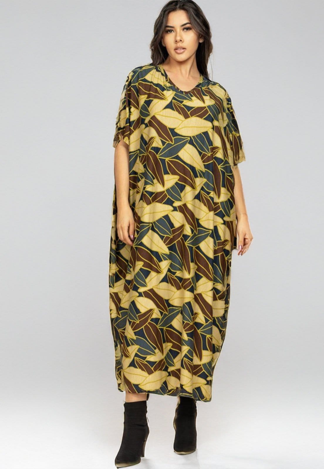 Vista 2 Vestido Cabanafree Kaftan Malha Saruel Estampa Folhas de Outono Cabanafree azul/estampado/verde