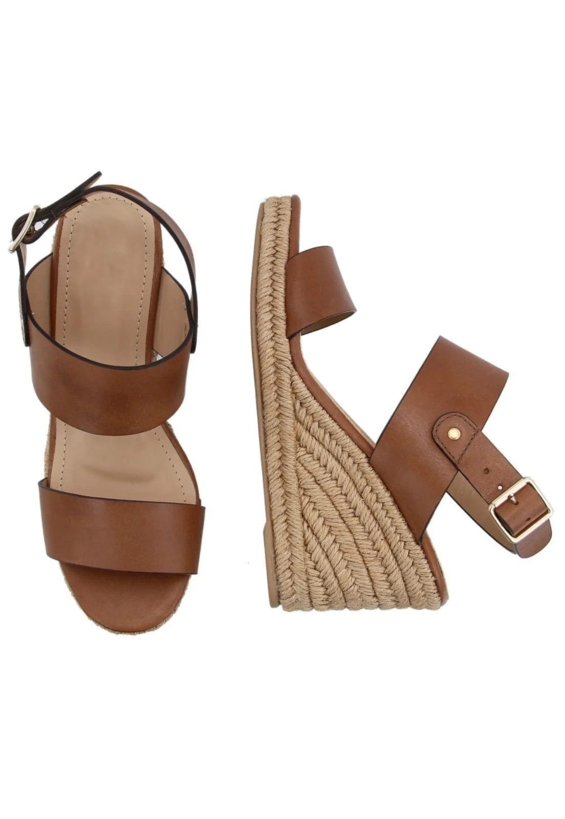 Vista 2 Sandália Anabela Feminina Em CouroMaria Paula Tiras Largas Cordas Sela MARIA PAULA caramelo