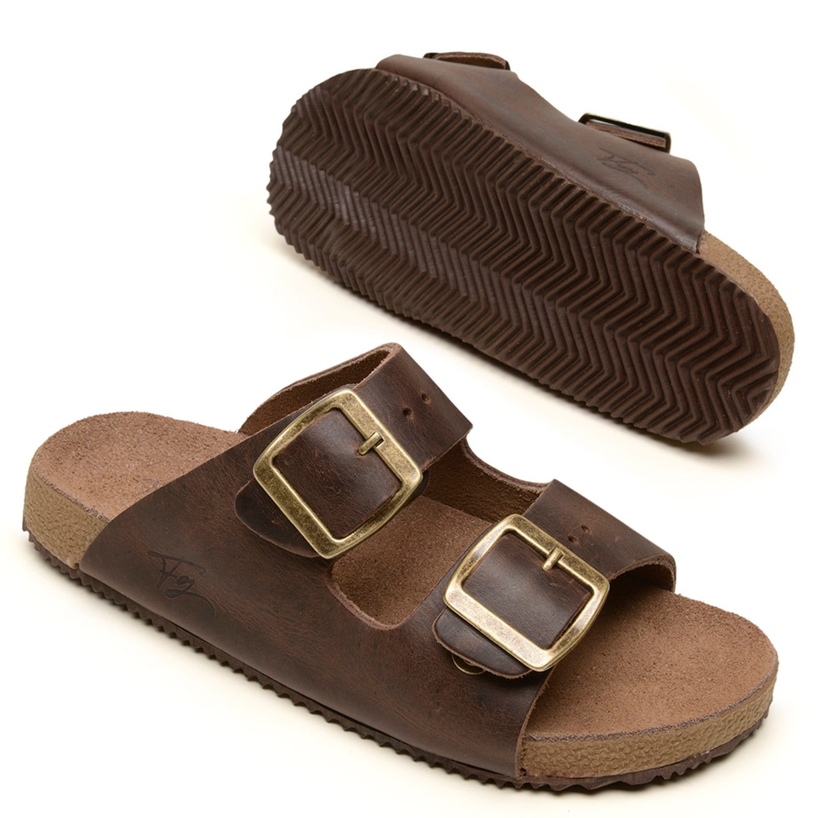 Vista 2 Sandália Papete Masculina e Feminia Couro Legítimo Fivelas Nescau FRANCA GRIFFE marrom