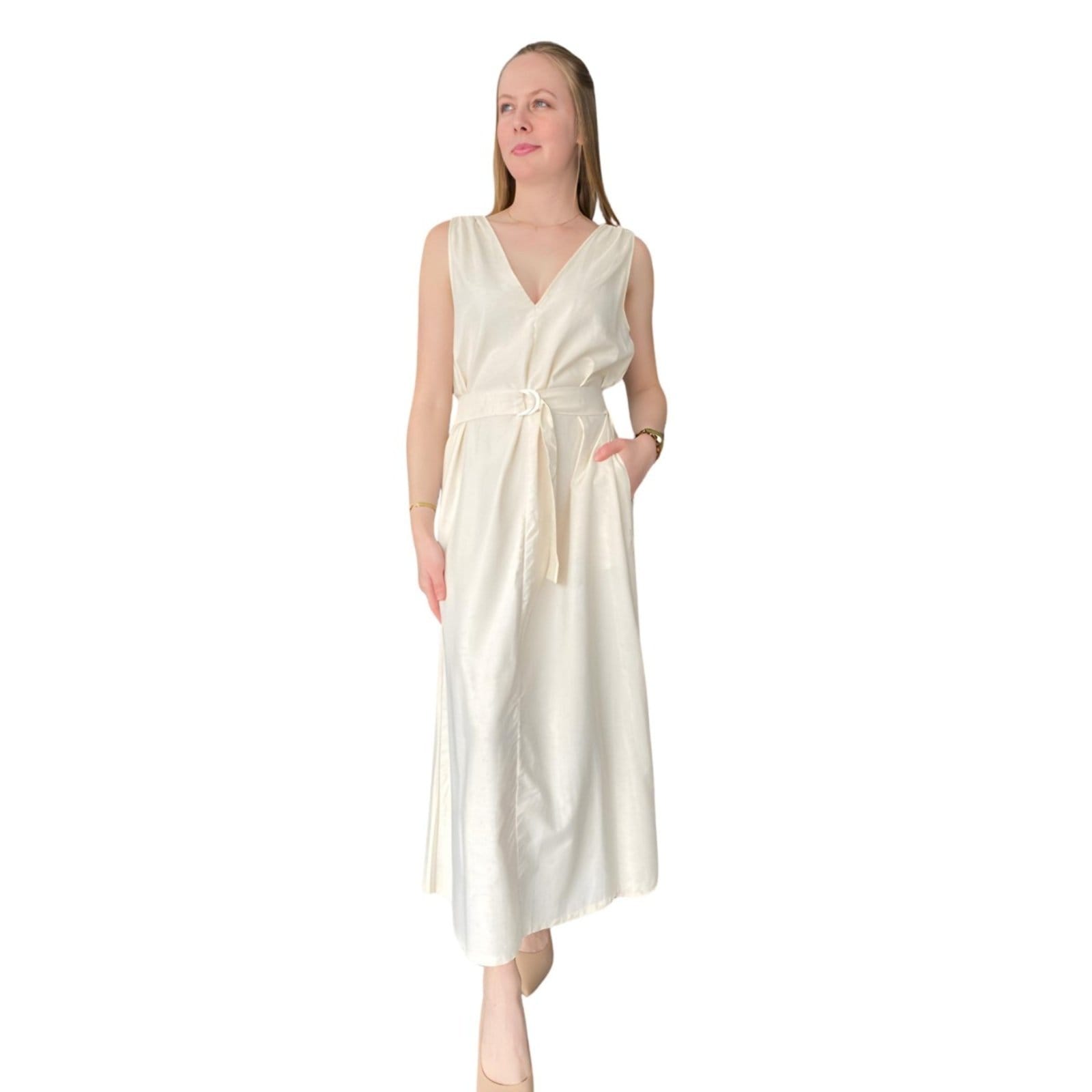 Vista principal Vestido Solto Maxi Midi Flor de Lis bege